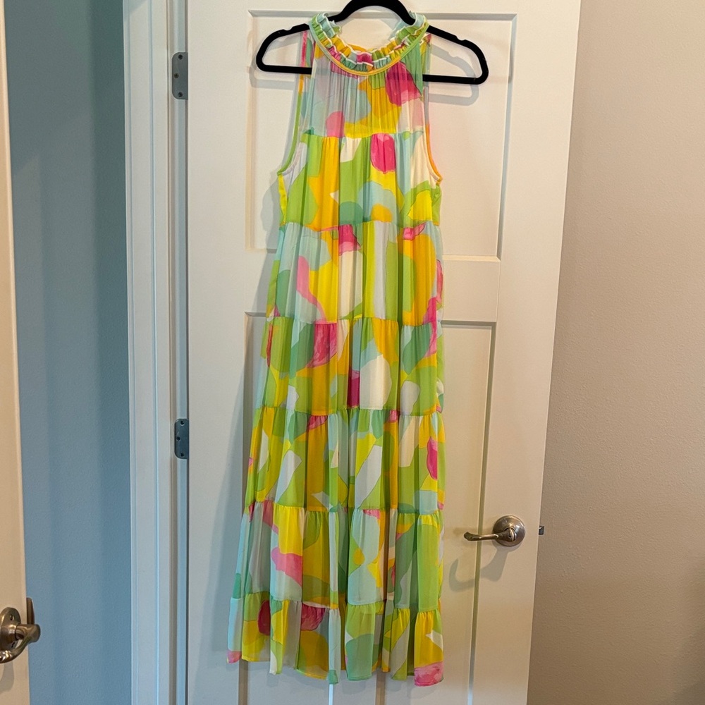 entro Neon Abstract Ruffle Neck Tiered Maxi Dress — Green, Yellow, Pink, White